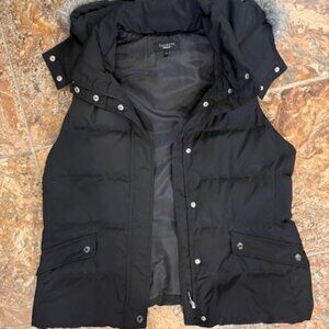 Talbots Black Puffer Down Feather Vest detachable Hood-Large